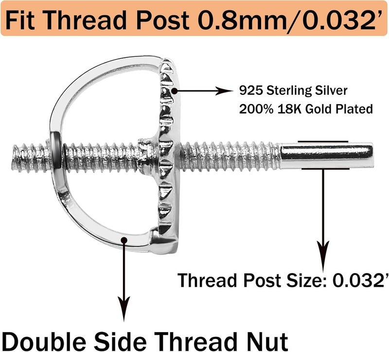 DELECOE 2-Pairs 14K Gold Plated Screw Earring Backs for Diamond Earrings, 925 Stering Silver Hypoallergenic Screw Backs Replacement Fit for Threaded Post Sizes .032"(1pair White 1pair Gold) - Image 2